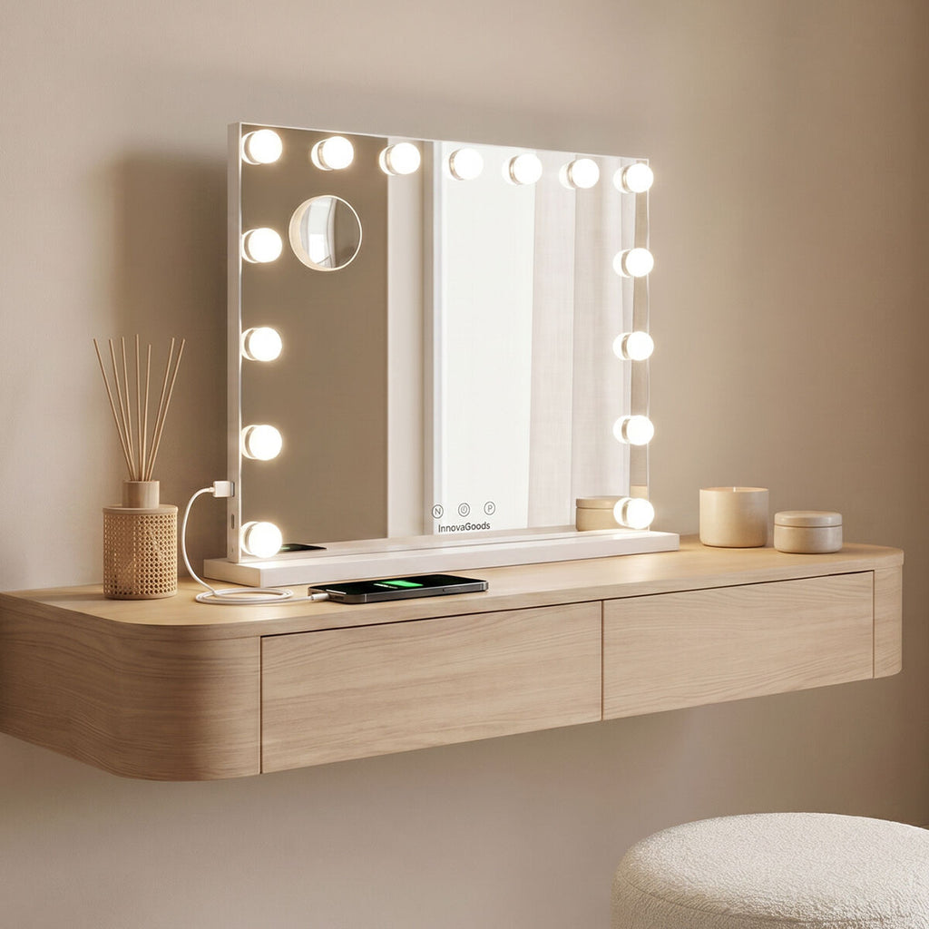 Miroir Hollywood Glimma à 15 ampoules LED allumées
