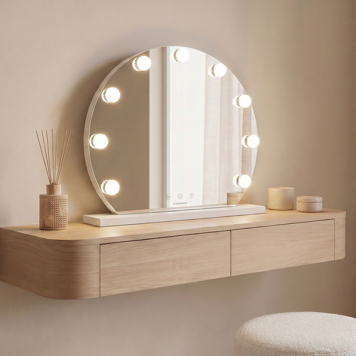 Miroir Hollywood rond Gloette à 9 ampoules LED allumées